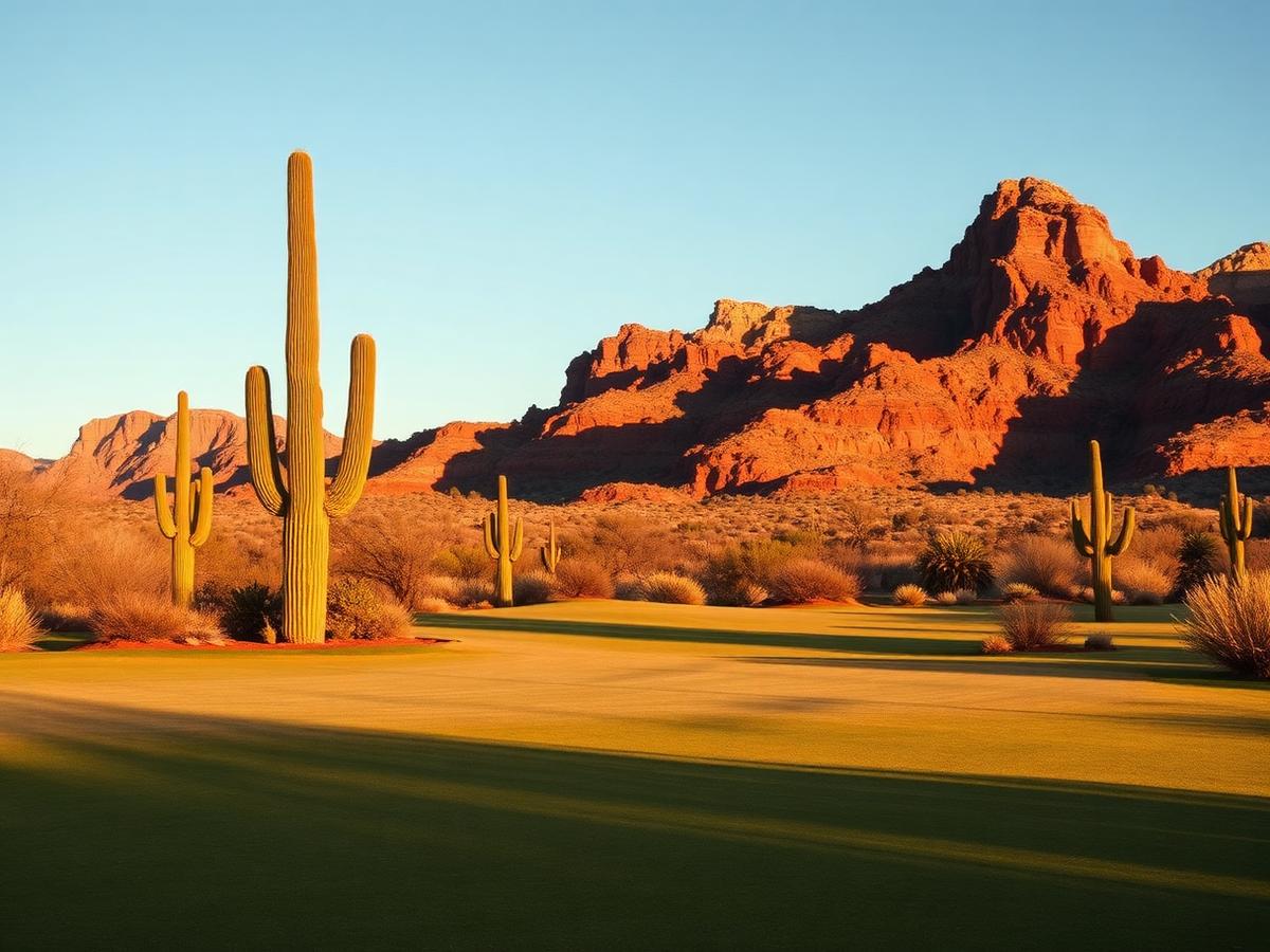 Desert golf course at sunrise with saguaro cacti