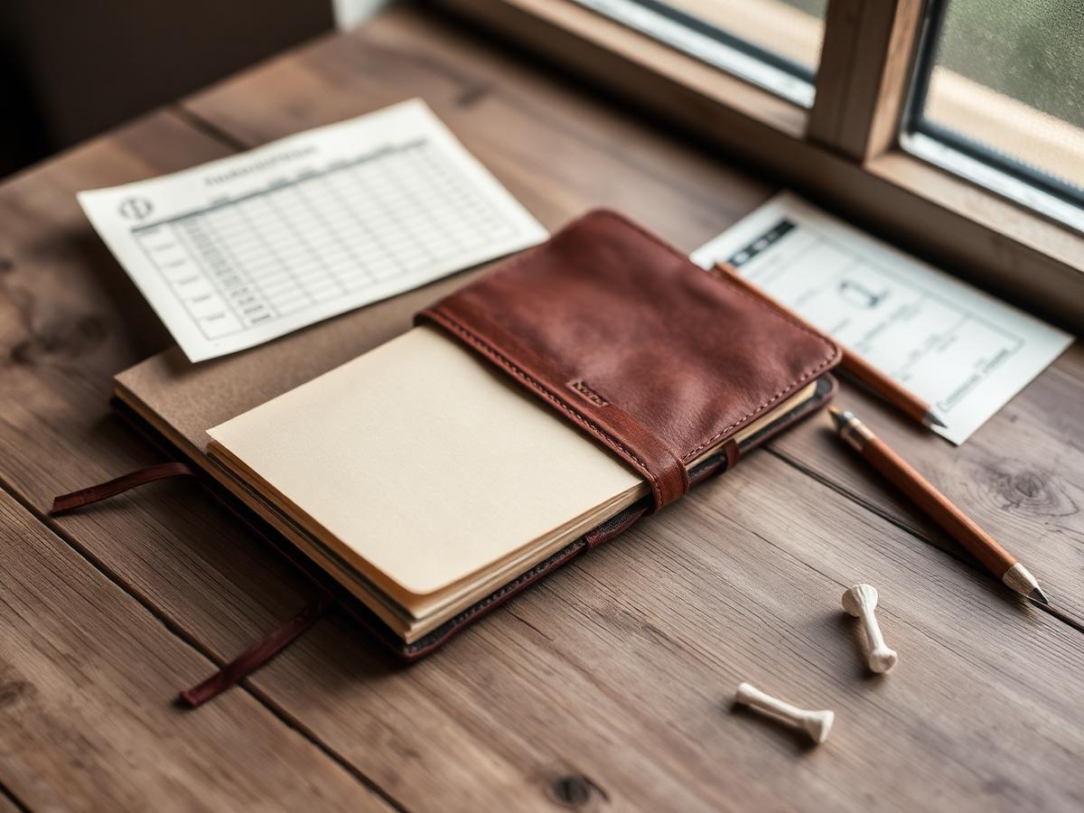 Leather journal and golf scorecard on a wooden table